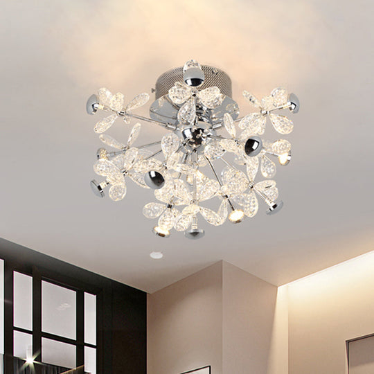 Semi Flush Mount Modernist Flower Crystal Ceiling Lamp - 13 Heads, Silver Finish - for Living Room