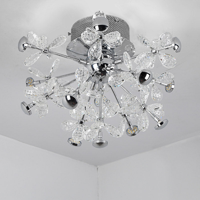 Semi Flush Mount Modernist Flower Crystal Ceiling Lamp - 13 Heads Silver Finish For Living Room