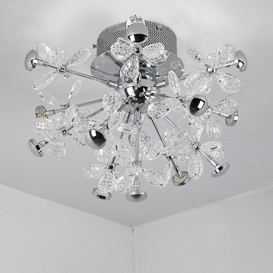 Semi Flush Mount Modernist Flower Crystal Ceiling Lamp - 13 Heads Silver Finish For Living Room