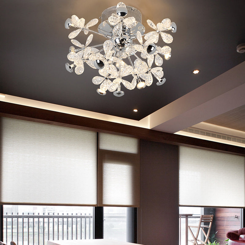 Semi Flush Mount Modernist Flower Crystal Ceiling Lamp - 13 Heads, Silver Finish - for Living Room