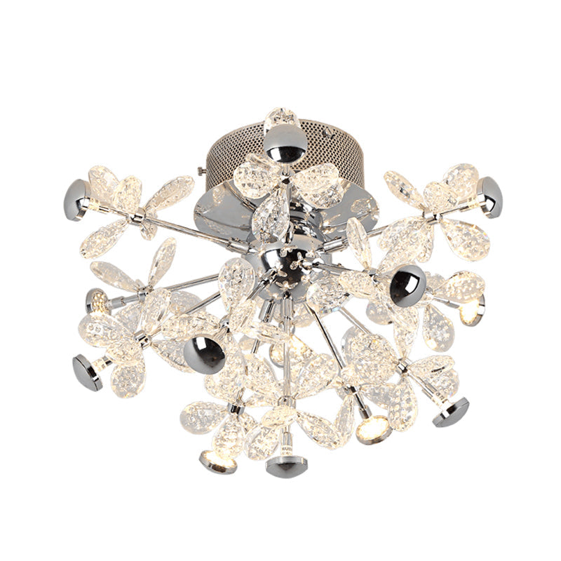 Semi Flush Mount Modernist Flower Crystal Ceiling Lamp - 13 Heads Silver Finish For Living Room