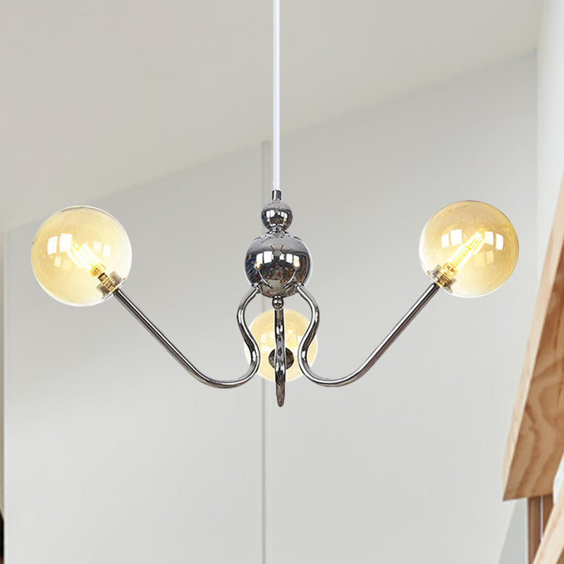 Modern Industrial Hanging Chandelier With 3 Amber/Clear Glass Shades Black/Chrome Finish Orbit