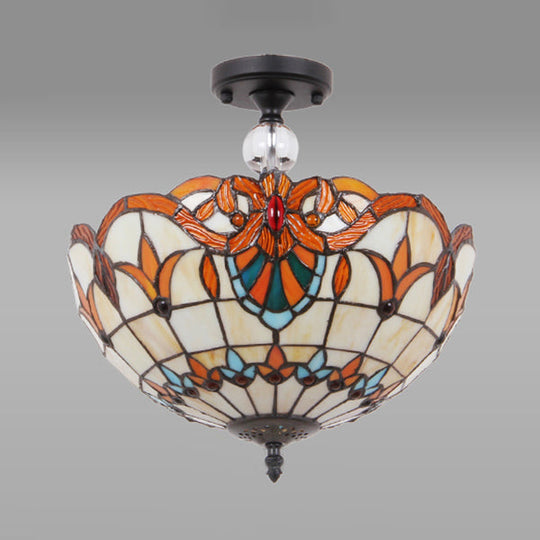 Traditional Tiffany Stained Glass Ceiling Lamp - Scalloped Semi Flush, 12" or 16" - Bronze Finish with Leaf, Victorian, and Circle Pattern - Ideal for Foyer