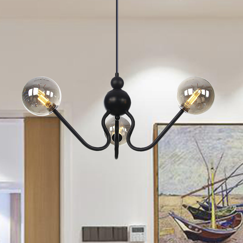 Modern Industrial Hanging Chandelier With 3 Amber/Clear Glass Shades Black/Chrome Finish Orbit