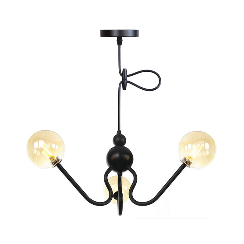 Modern Industrial Hanging Chandelier With 3 Amber/Clear Glass Shades Black/Chrome Finish Orbit