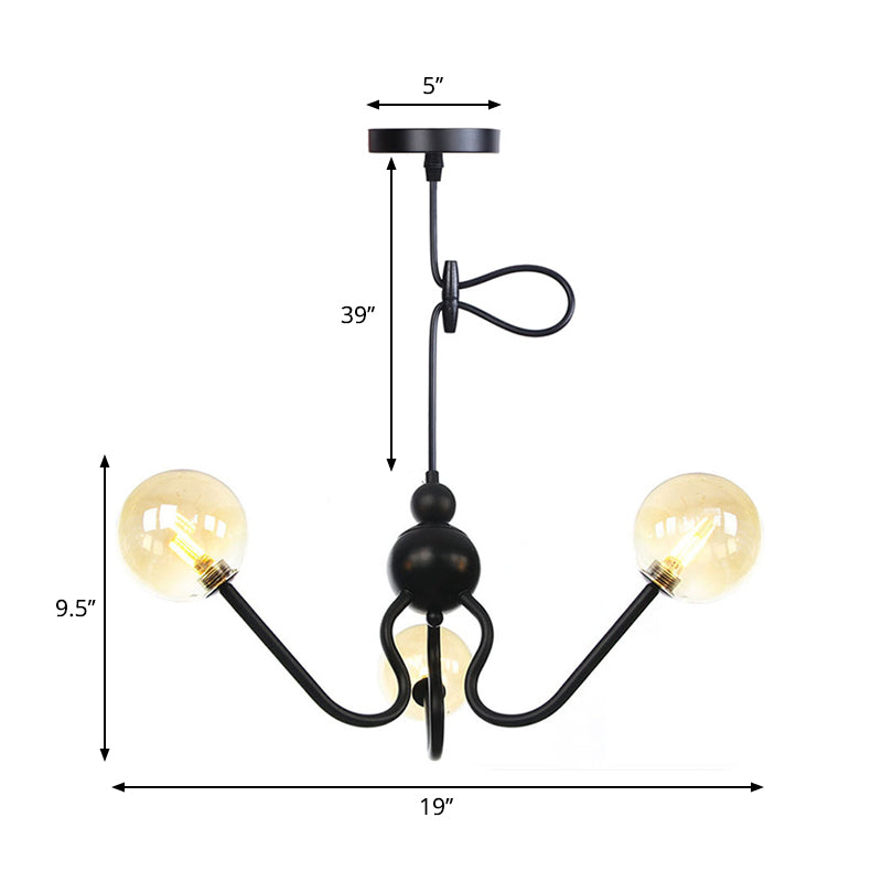 Industrial 3-Head Hanging Chandelier with Amber/Clear Glass Shades - Black/Chrome Finish, Orbit Ceiling Lighting