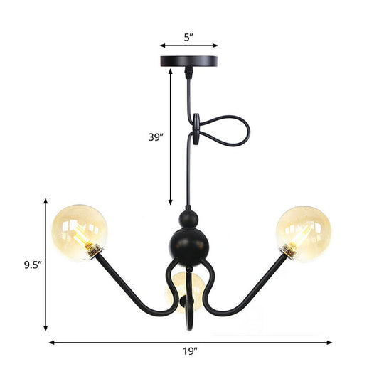 Industrial 3-Head Hanging Chandelier with Amber/Clear Glass Shades - Black/Chrome Finish, Orbit Ceiling Lighting