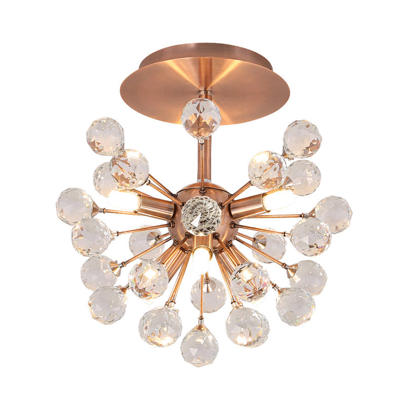 Modernist Globe Semi-Flush Mount Crystal Ceiling Light Fixture with Brass Finish - 6 Bulbs