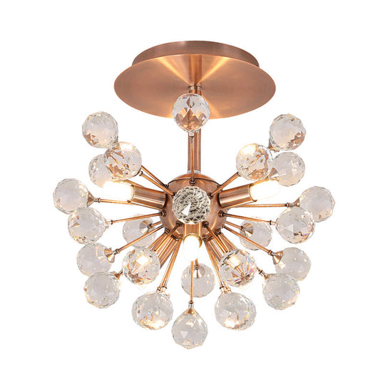 Modernist Globe Semi-Flush Mount Crystal Ceiling Light Fixture with Brass Finish - 6 Bulbs