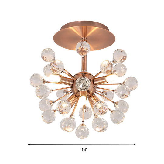 Modernist Globe Semi-Flush Mount Crystal Ceiling Light Fixture with Brass Finish - 6 Bulbs