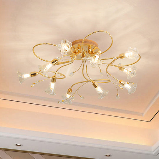 Gold Crystal Floral Semi Flush Mount Modern Ceiling Lighting for Living Room - 10/15 Heads