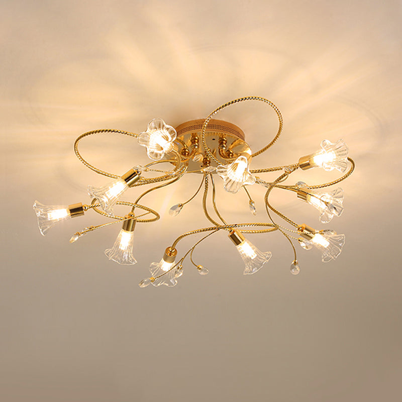 Gold Crystal Floral Semi Flush Mount Modern Ceiling Lighting for Living Room - 10/15 Heads