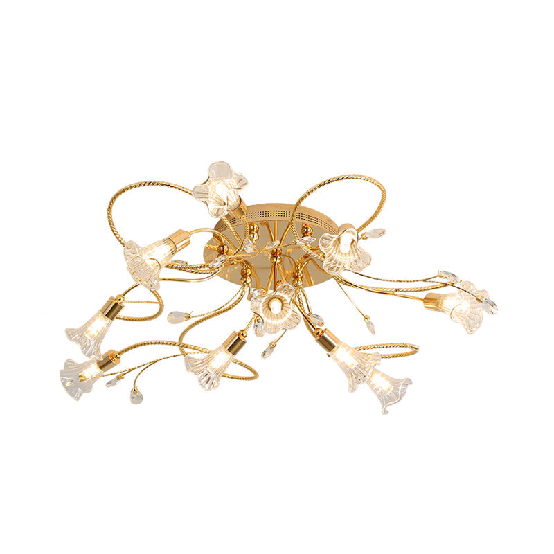 Gold Crystal Floral Semi Flush Mount Modern Ceiling Lighting for Living Room - 10/15 Heads