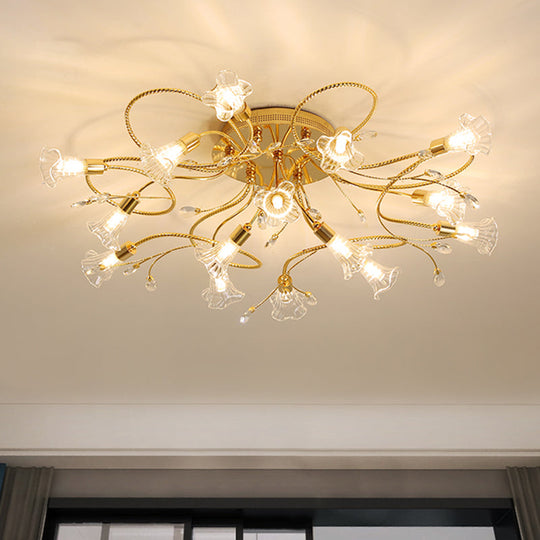 Gold Crystal Floral Semi Flush Mount Modern Ceiling Lighting for Living Room - 10/15 Heads