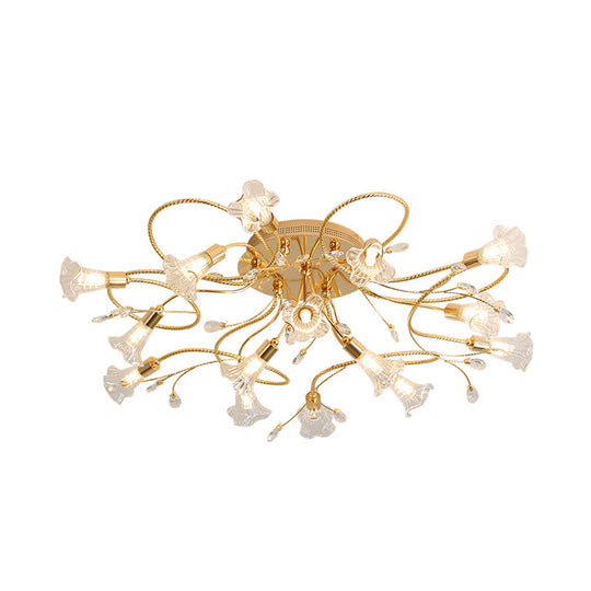 Gold Crystal Floral Semi Flush Mount Modern Ceiling Lighting for Living Room - 10/15 Heads