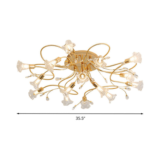 Gold Crystal Floral Semi Flush Mount Modern Ceiling Lighting for Living Room - 10/15 Heads