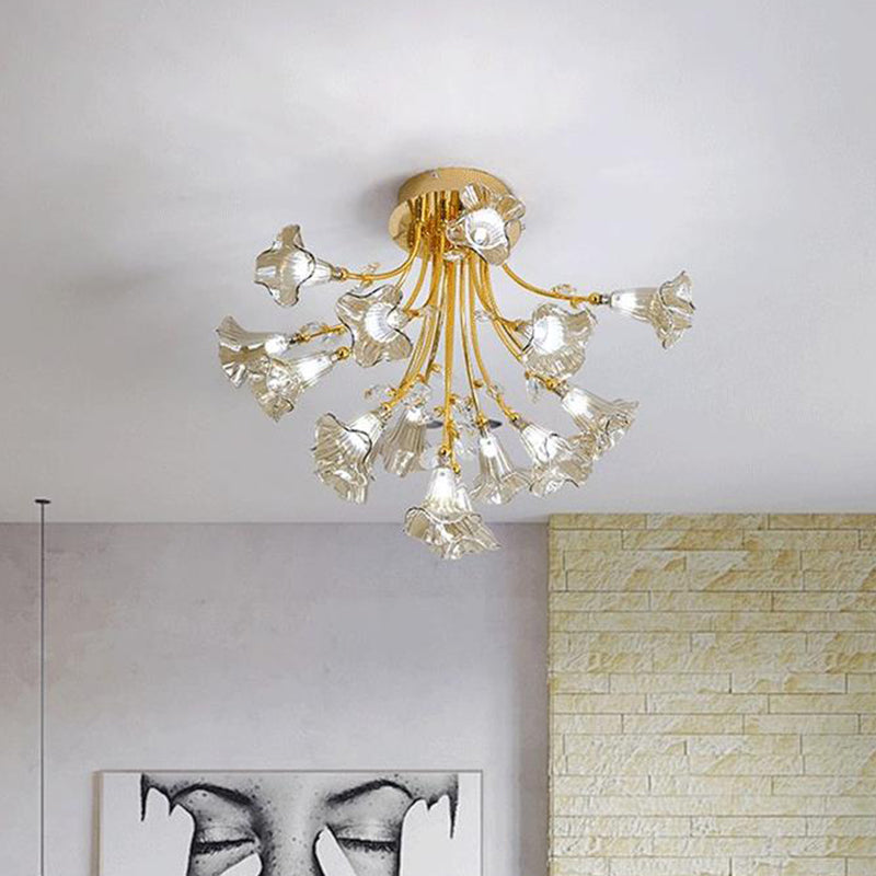 Gold Starburst Crystal Ceiling Light Fixture - Modern Semi Flush Mount with 16 Heads