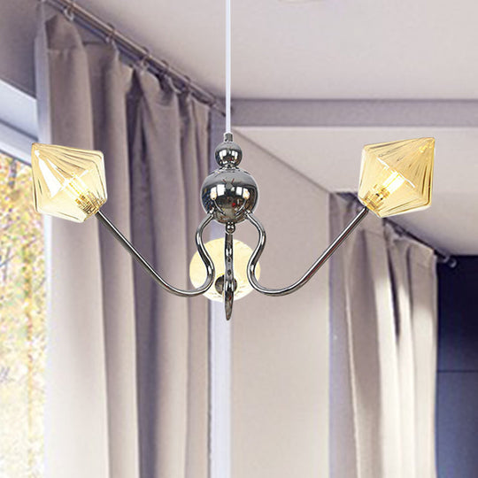 Diamond Shaped Pendant Farmhouse Chandelier With Amber/Clear Glass Black/Chrome Finish 3 Lights