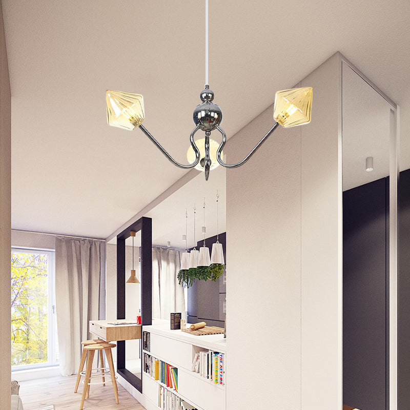 Diamond Pendant Lighting for Farmhouse with Amber/Clear Glass - 3 Lights - Chandelier Lamp in Black/Chrome