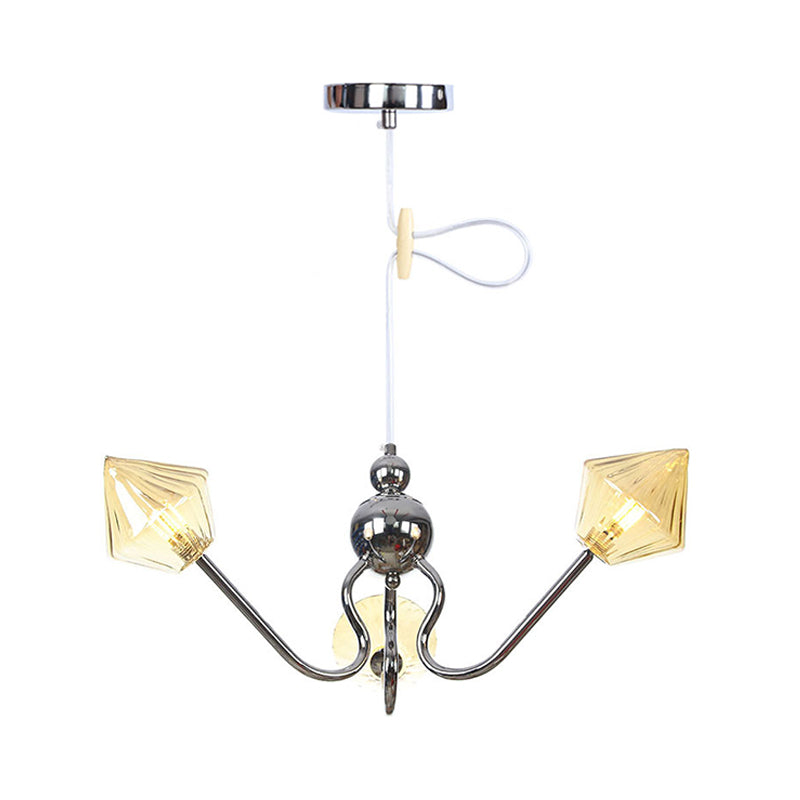 Diamond Shaped Pendant Farmhouse Chandelier With Amber/Clear Glass Black/Chrome Finish 3 Lights