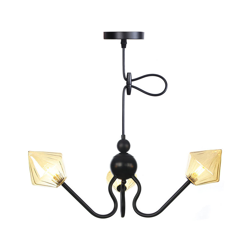 Diamond Shaped Pendant Farmhouse Chandelier With Amber/Clear Glass Black/Chrome Finish 3 Lights