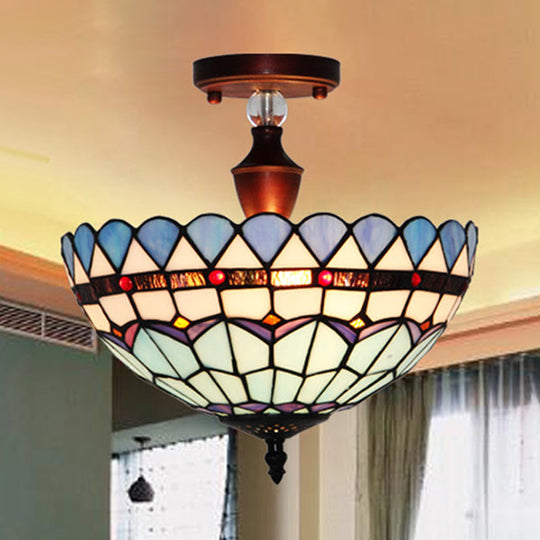 Baroque Style Stained Glass Semi Flush Light in Blue - 12"/16" Width - Perfect for Dining Room