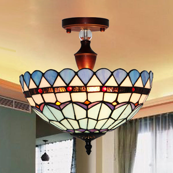 Baroque Style Stained Glass Semi Flush Light In Blue - 12/16 Width Perfect For Dining Room / 12