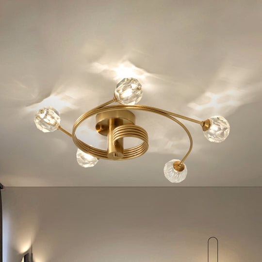 Traditional Cut Crystal Gold Ceiling Mount Light with Curved Metal Arm - 5 Head Ball Semi-Flush Mount Fixture