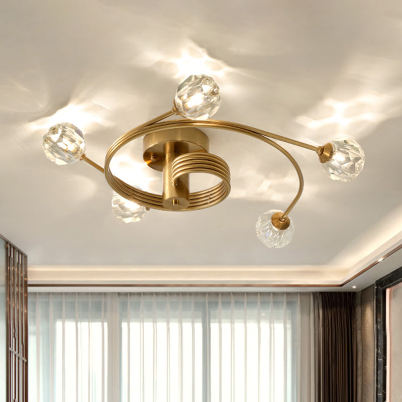 Traditional Cut Crystal Gold Ceiling Mount Light with Curved Metal Arm - 5 Head Ball Semi-Flush Mount Fixture