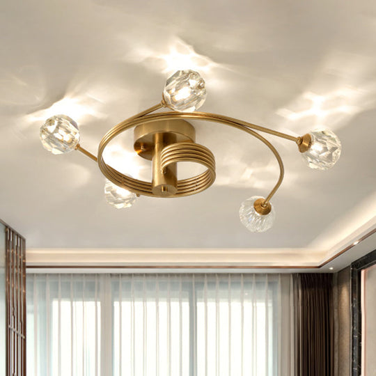 Traditional Cut Crystal Gold Ceiling Mount Light With Curved Metal Arm - 5 Head Ball Semi-Flush