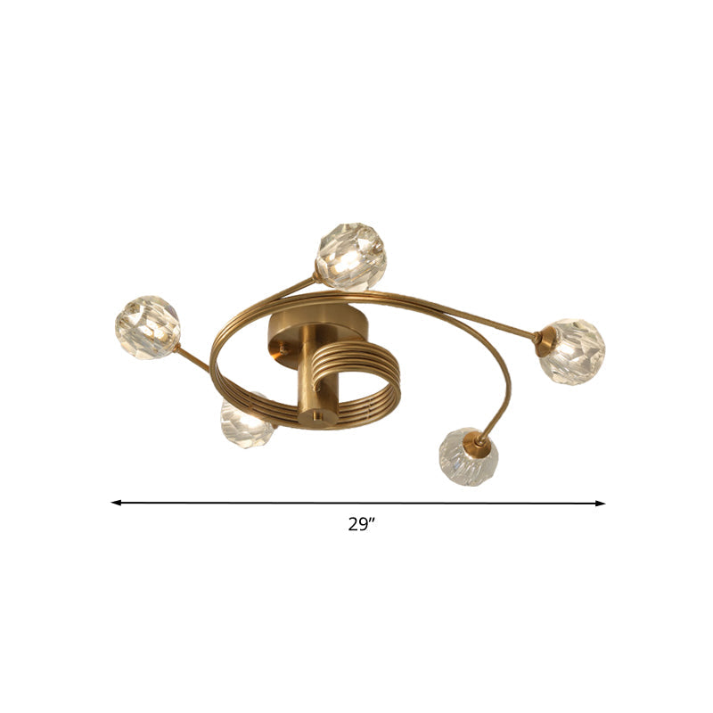 Traditional Cut Crystal Gold Ceiling Mount Light With Curved Metal Arm - 5 Head Ball Semi-Flush