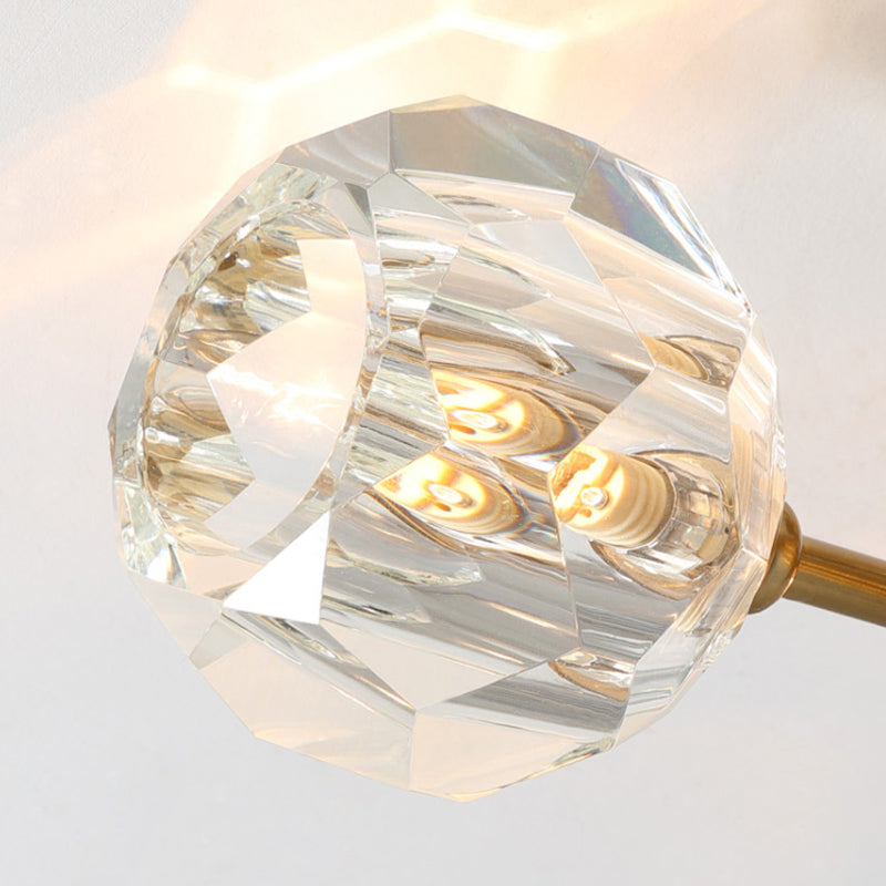 Traditional Cut Crystal Gold Ceiling Mount Light With Curved Metal Arm - 5 Head Ball Semi-Flush