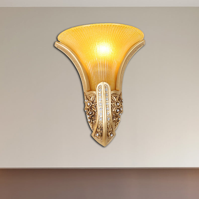 Modern Style Yellow Glass Floral Sconce Wall Mount Light In Gold 1 Head Corridor Lighting Fixture