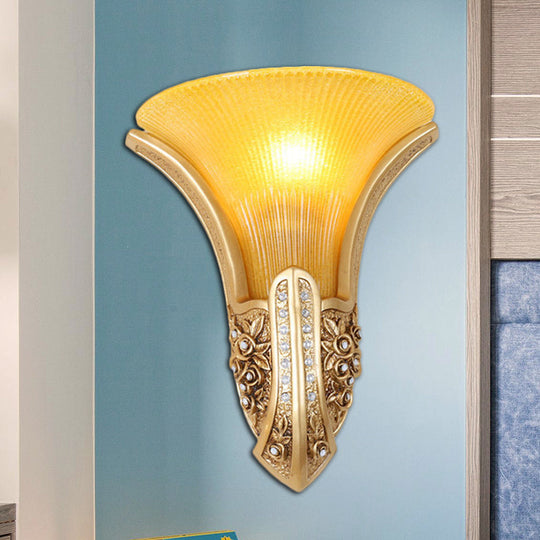 Modern Style Yellow Glass Floral Sconce Wall Mount Light In Gold 1 Head Corridor Lighting Fixture