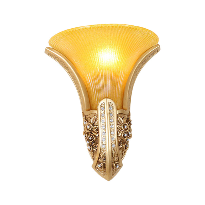 Modern Style Yellow Glass Floral Sconce Wall Mount Light In Gold 1 Head Corridor Lighting Fixture