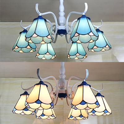 Tiffany Lodge Ceiling Light: Conical Semi Flush with Stained Glass in White/Blue (6 Lights)