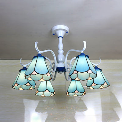 Tiffany Lodge Ceiling Light: Conical Semi Flush with Stained Glass in White/Blue (6 Lights)