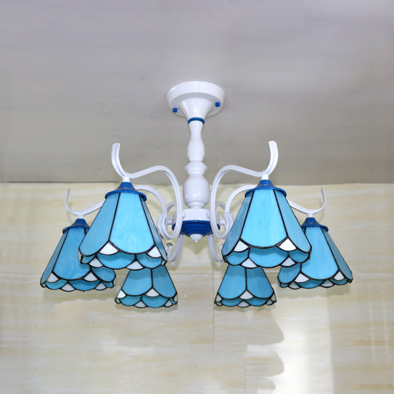 Tiffany Lodge Ceiling Light: Conical Semi Flush with Stained Glass in White/Blue (6 Lights)