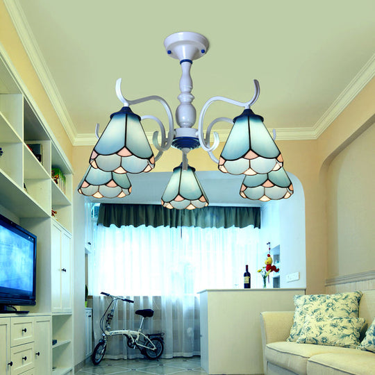 Tiffany Lodge Ceiling Light: Conical Semi Flush with Stained Glass in White/Blue (6 Lights)