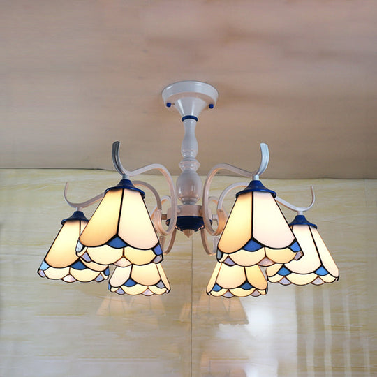 Tiffany Lodge Ceiling Light: Conical Semi Flush with Stained Glass in White/Blue (6 Lights)