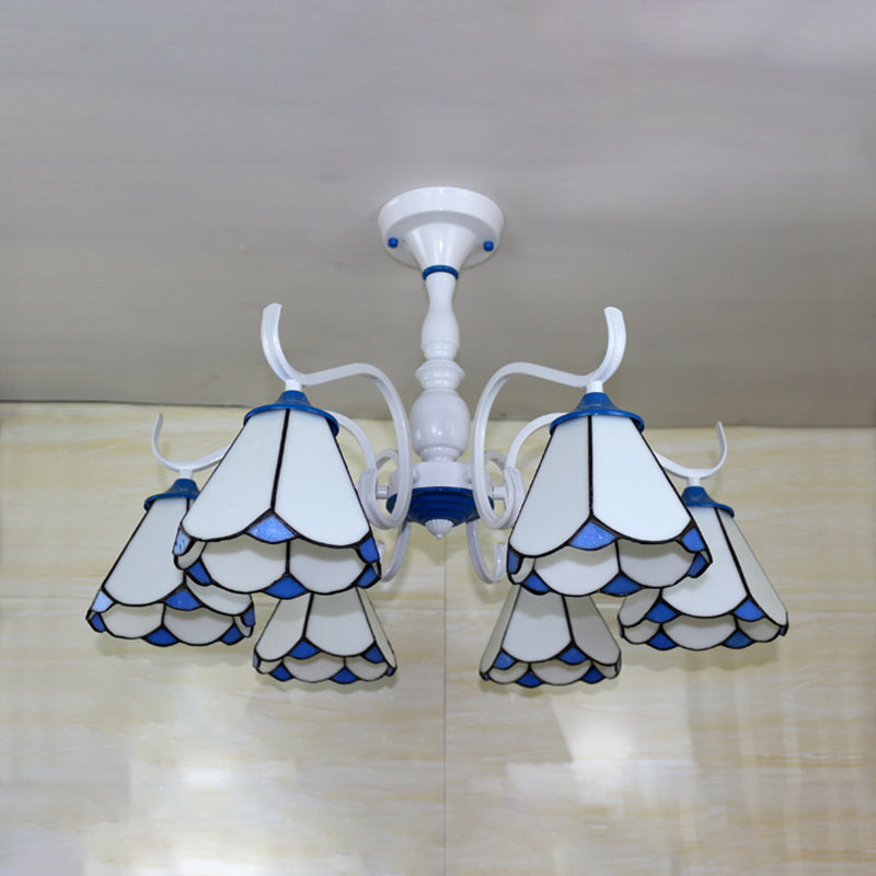 Tiffany Lodge Ceiling Light: Conical Semi Flush with Stained Glass in White/Blue (6 Lights)