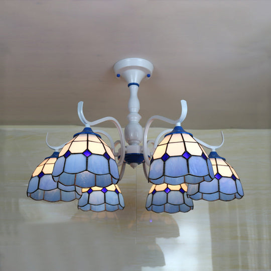 Tiffany Style Blue/Orange Glass Dome Semi Flush Light With 6 Heads In White Finish Blue