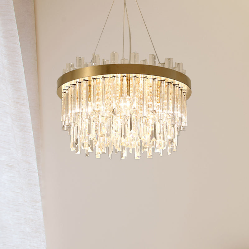 Contemporary Gold Cylinder Chandelier - 6 Bulbs Faceted Crystal Hanging Ceiling Light