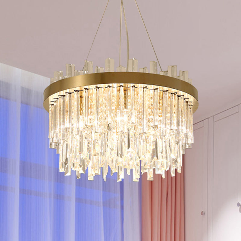 Lustre cylindrique en cristal à facettes - Plafonnier contemporain doré avec 6 ampoules