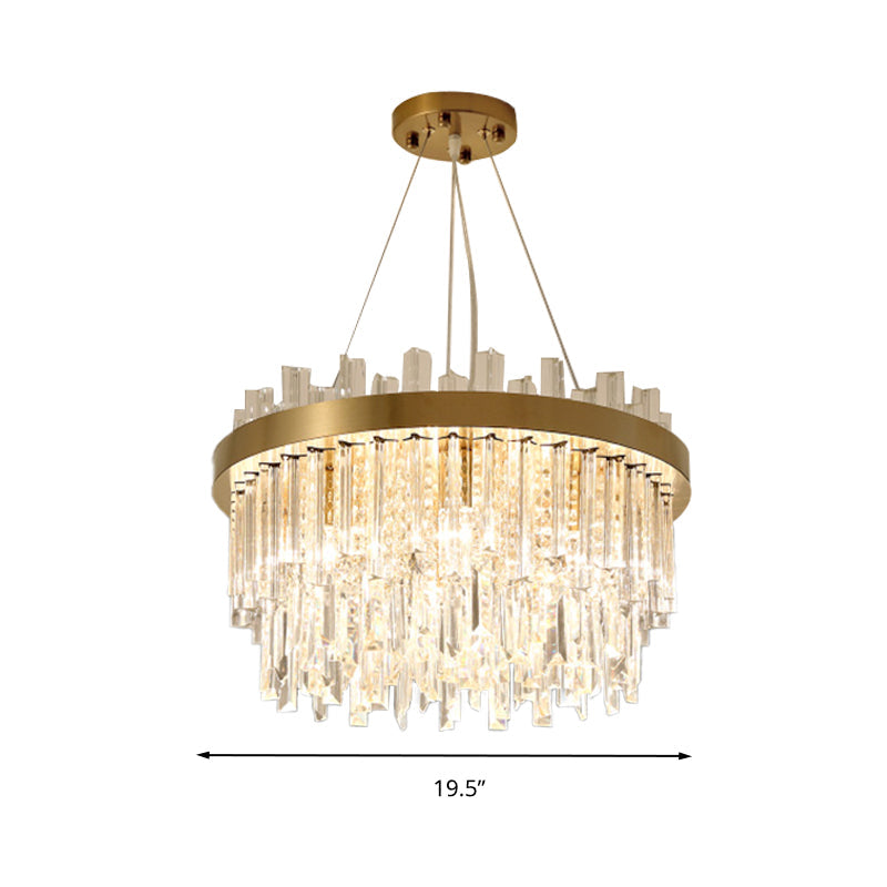 Contemporary Gold Cylinder Chandelier - 6 Bulbs Faceted Crystal Hanging Ceiling Light