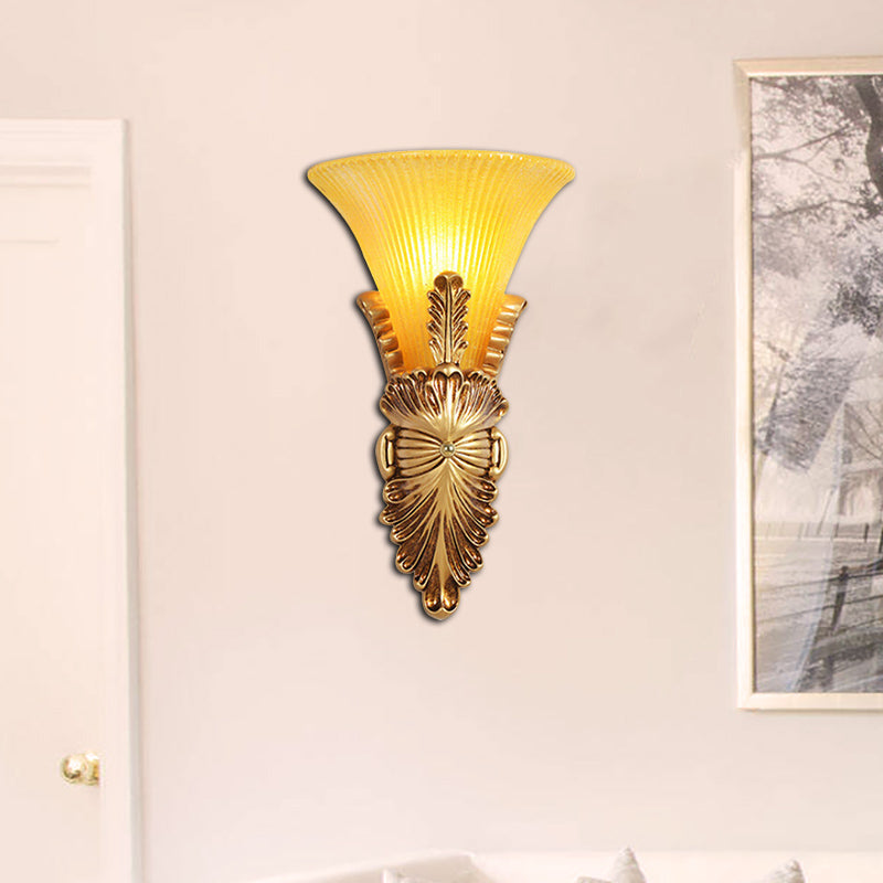 Yellow Glass & Resin Lodge Style Bedroom Wall Sconce With Bell Shade - Gold Finish