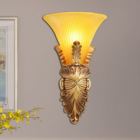 Yellow Glass & Resin Lodge Style Bedroom Wall Sconce With Bell Shade - Gold Finish