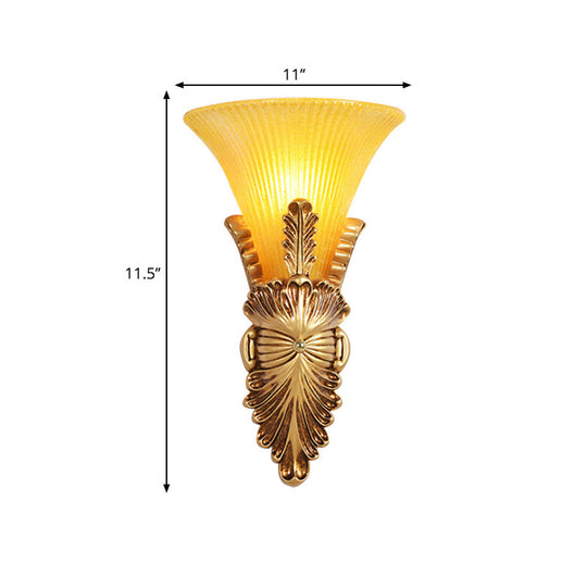 Yellow Glass & Resin Lodge Style Bedroom Wall Sconce With Bell Shade - Gold Finish