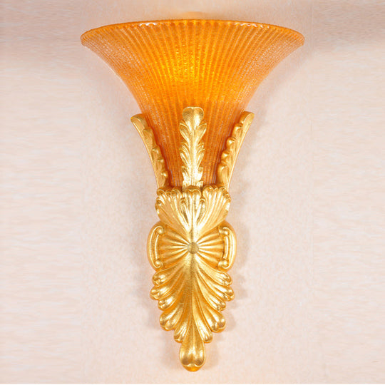 Traditional Style Yellow Glass Bell Wall Mount Sconce - 1 Light Corridor Lighting In Bronze/Gold