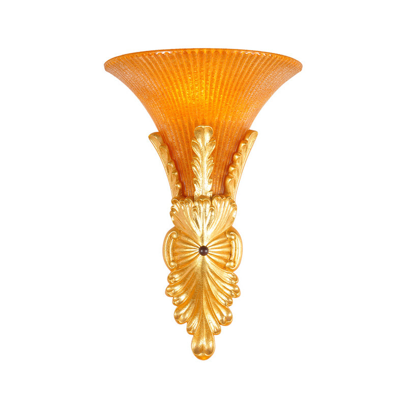 Traditional Style Yellow Glass Bell Wall Mount Sconce - 1 Light Corridor Lighting In Bronze/Gold